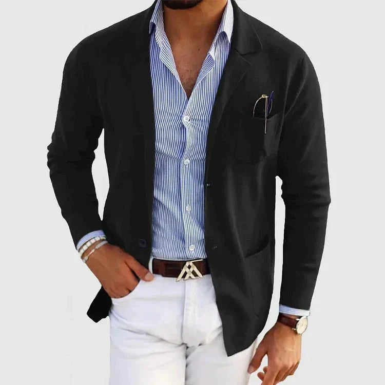 Men's Soft Knit Patch-Pocket Blazer with Notch Lapel - Black