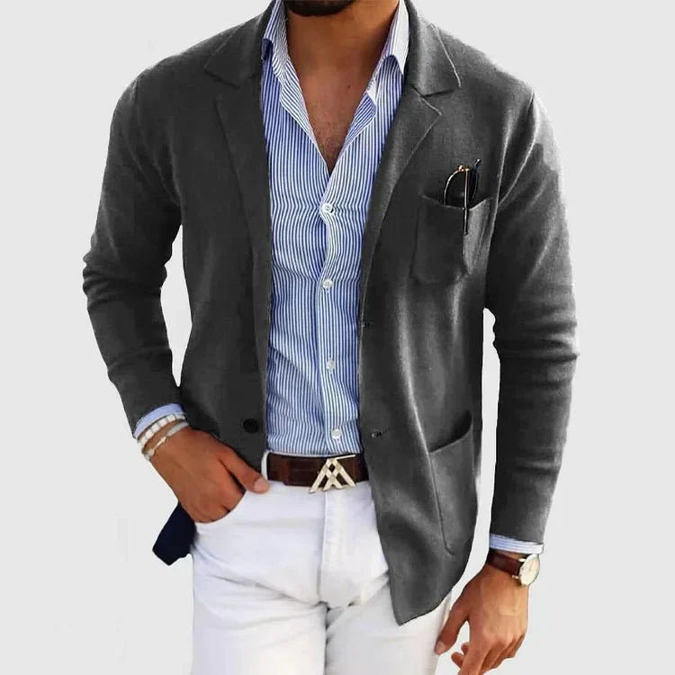 Men's Soft Knit Patch-Pocket Blazer with Notch Lapel - Dark Gray
