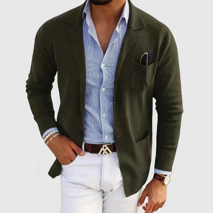 Men's Soft Knit Patch-Pocket Blazer with Notch Lapel - Dark Green