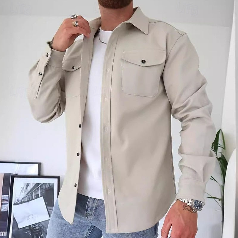 Men's Everyday Utility Shirt Jacket with Twin Chest Pockets - Beige