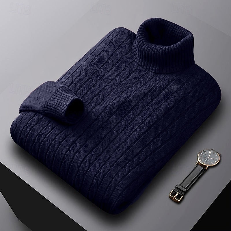 Men's Dense Cable-Knit Turtleneck Sweater with Ribbed Collar - Navy Blue