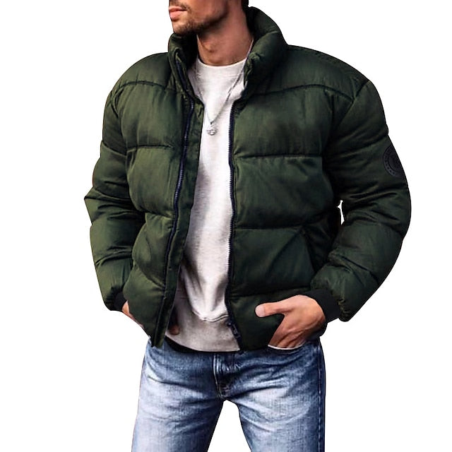 Men's Stand-Collar Quilted Zip Puffer in a Short Cut - Army Green