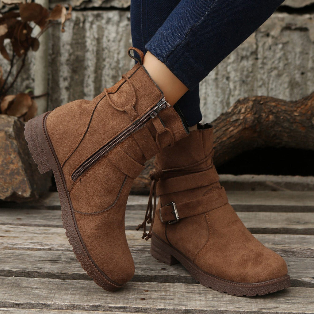Women's Suede Lace-Up Booties with Buckled Shaft Strap - Brown