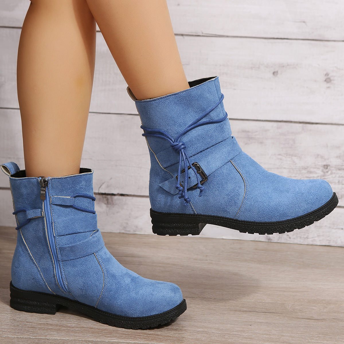 Women's Suede Lace-Up Booties with Buckled Shaft Strap