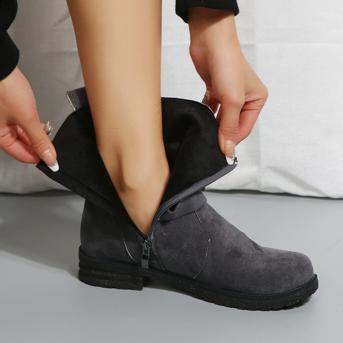 Women's Suede Lace-Up Booties with Buckled Shaft Strap