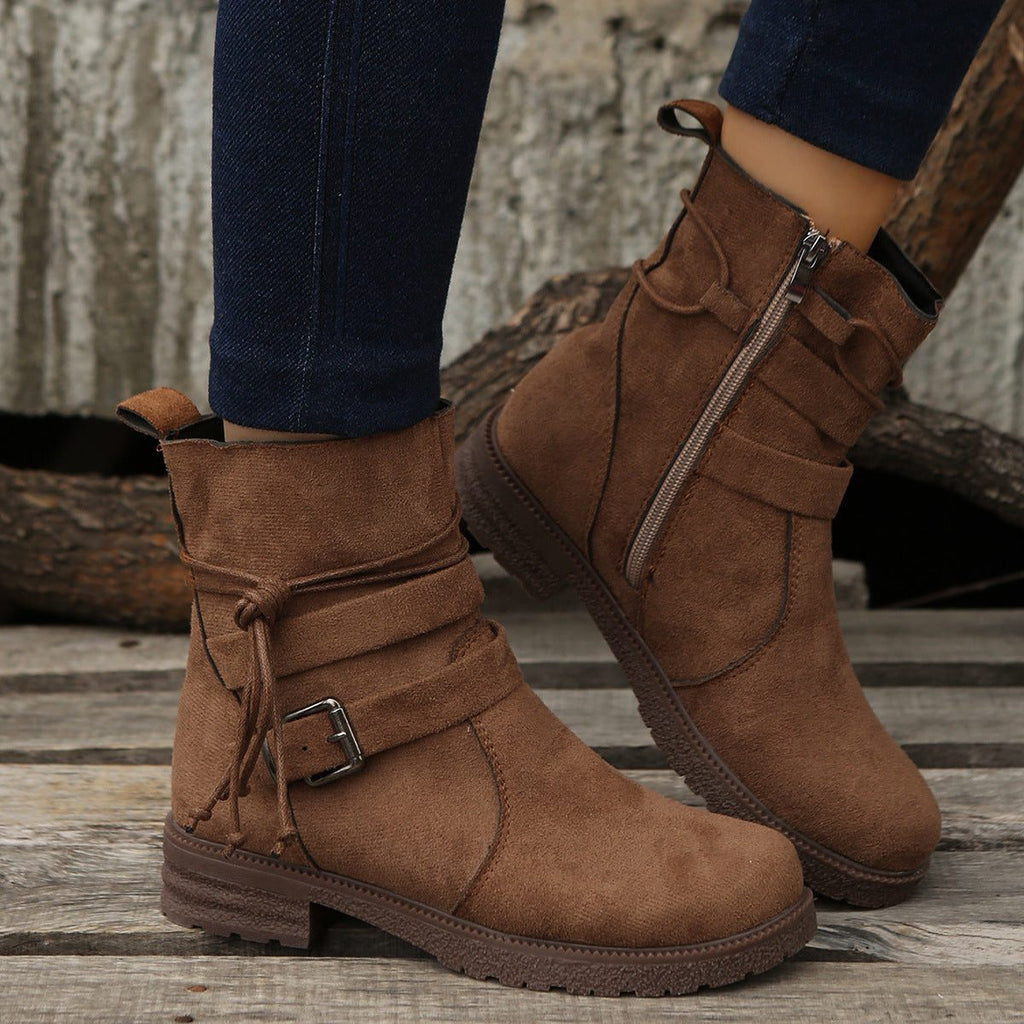 Women's Suede Lace-Up Booties with Buckled Shaft Strap