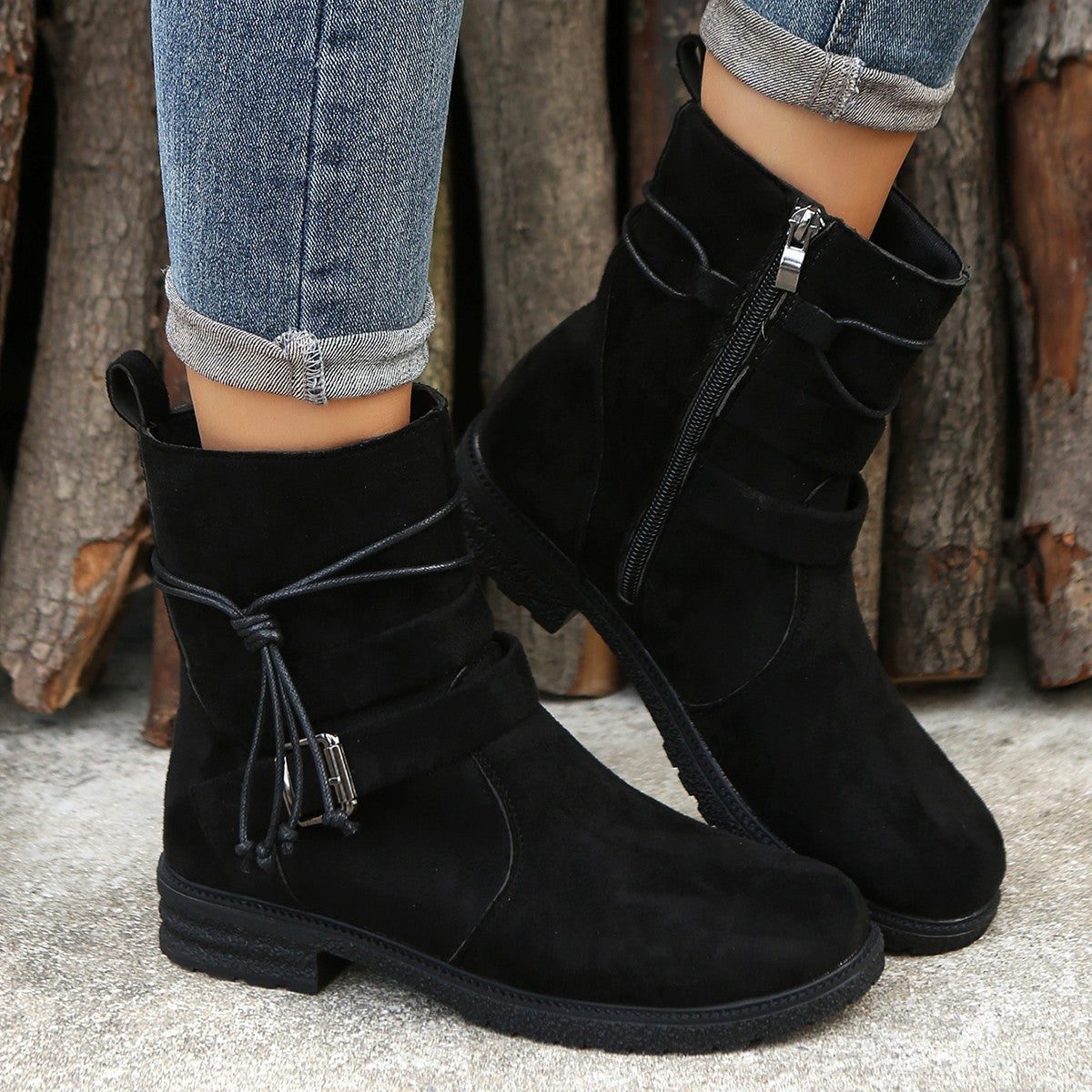 Women's Suede Lace-Up Booties with Buckled Shaft Strap