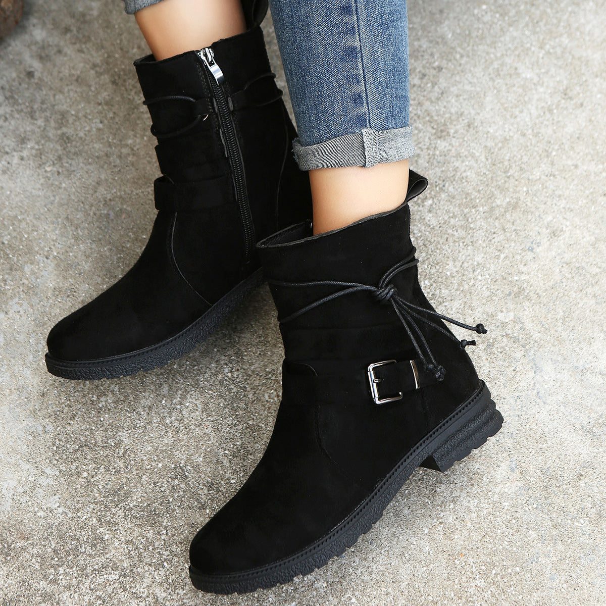 Women's Suede Lace-Up Booties with Buckled Shaft Strap