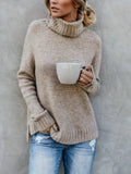 Women's Thick Textured-Knit Sweater with Fold-Over Turtleneck - Brown