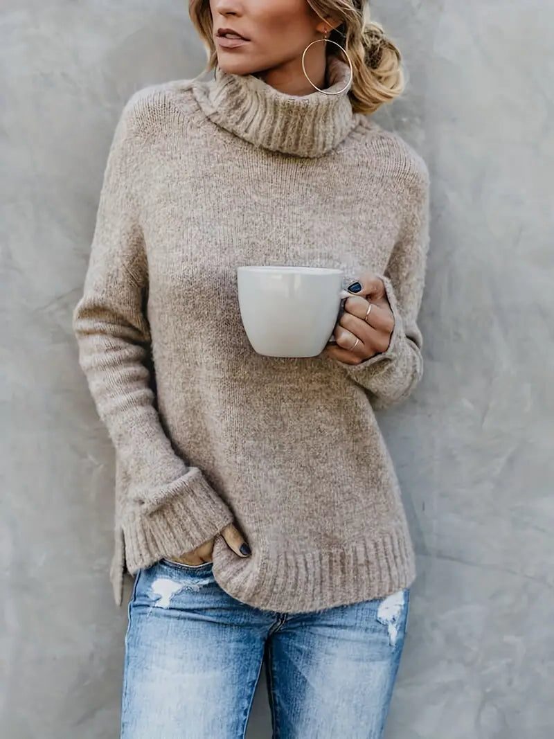 Women's Thick Textured-Knit Sweater with Fold-Over Turtleneck - Brown