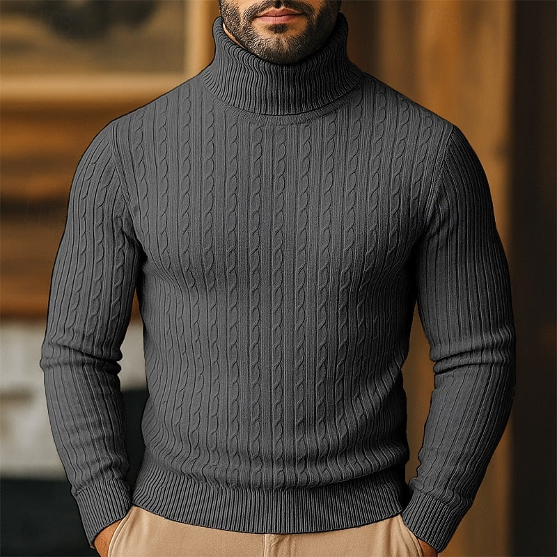Men's Twisted-Cable Rolled-Neck Sweater in a Slim Cut - Dark Gray