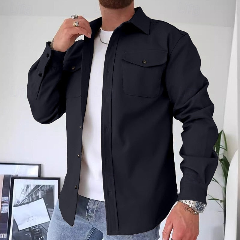 Men's Everyday Utility Shirt Jacket with Twin Chest Pockets - Navy Blue