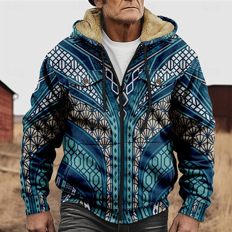 Men's Heritage Print Hooded Jacket with Lined Body and Full Zip - Blue