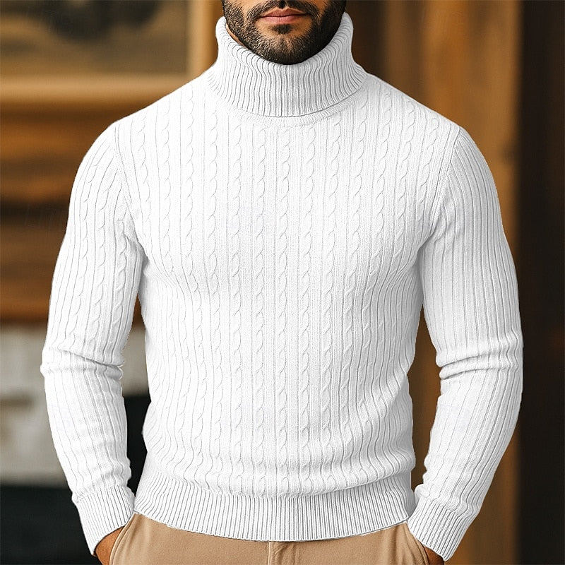 Men's Twisted-Cable Rolled-Neck Sweater in a Slim Cut - White