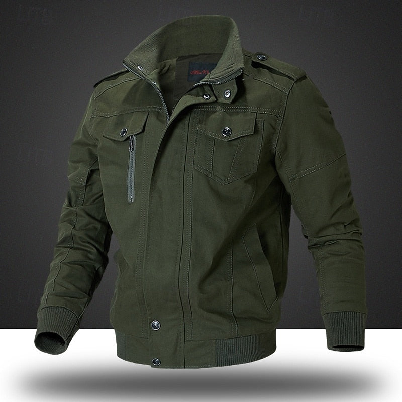 Men's Relaxed Stand-Collar Field Jacket with Multiple Pockets - Army Green