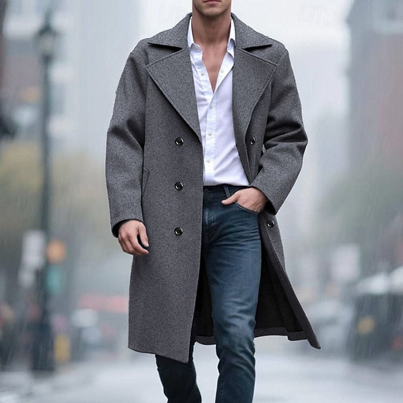 Men's Sharp-Lapel Tailored Overcoat with Double-Breasted Closure