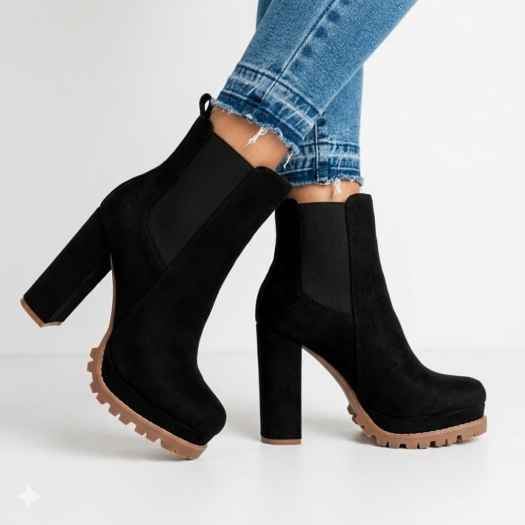 Women's Chunky Platform Chelsea Booties with Stacked Heel - Black