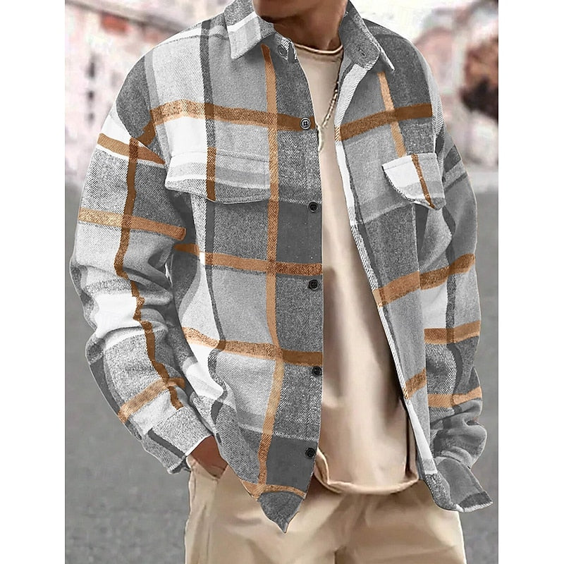 Men's Sturdy-Button Plaid Shirt Jacket with Chest Pockets - Light Gray