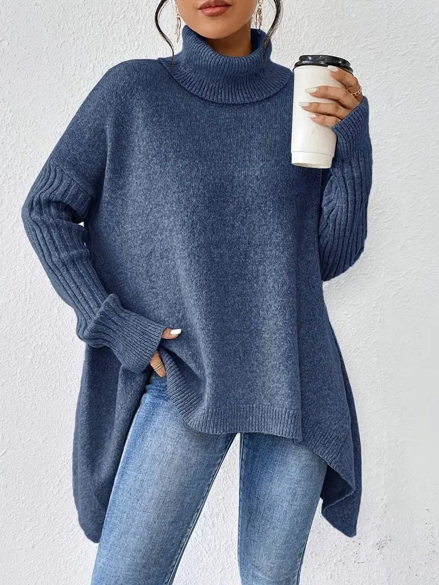 Women's Oversized Turtleneck Sweater with Asymmetric Side Hem - Dark Blue