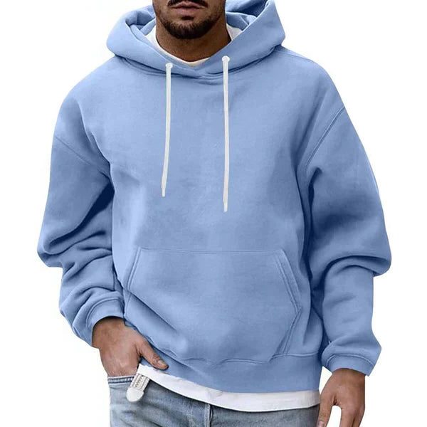 Men's Roomy Oversized Hoodie with Contrast Drawstring Hood - Light Blue