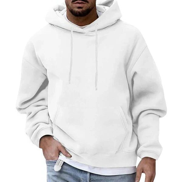 Men's Roomy Oversized Hoodie with Contrast Drawstring Hood - White