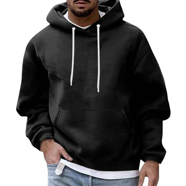 Men's Roomy Oversized Hoodie with Contrast Drawstring Hood - Black