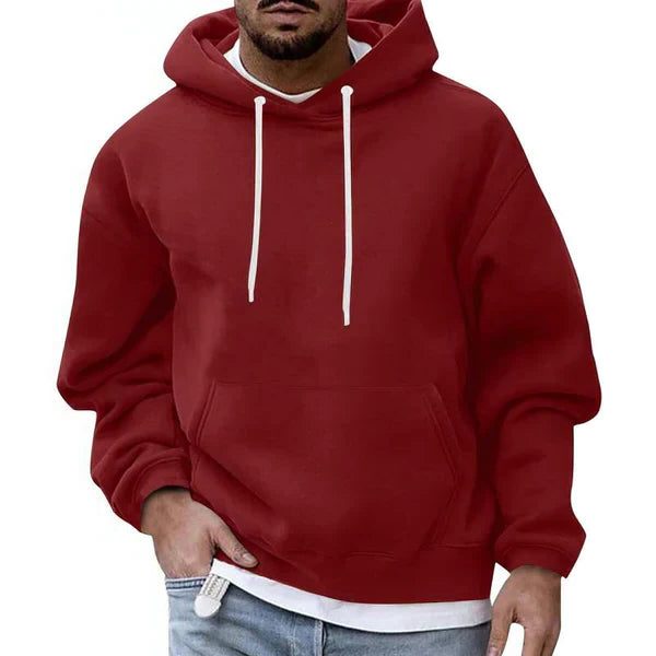 Men's Roomy Oversized Hoodie with Contrast Drawstring Hood - Wine Red