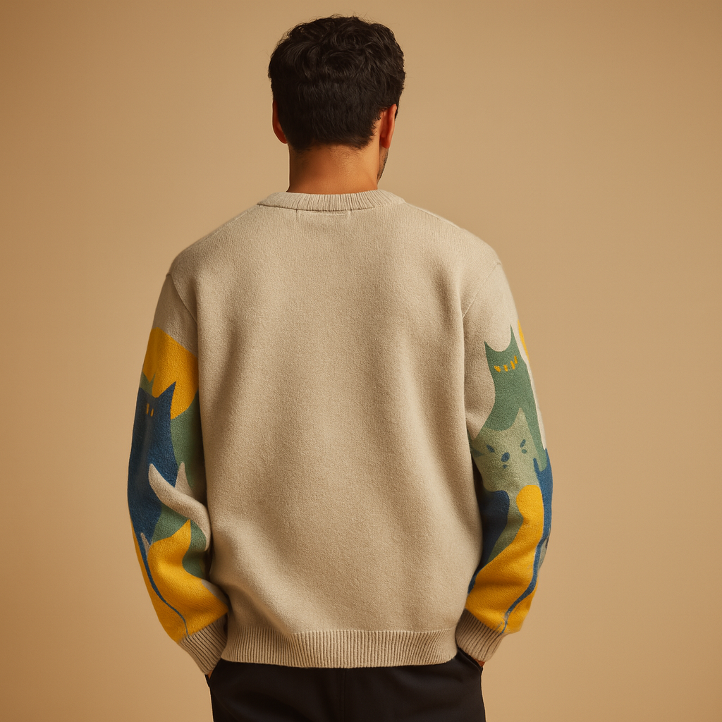 Men's Printed Knit Sweater with Oversized Fit for Cold Weekends