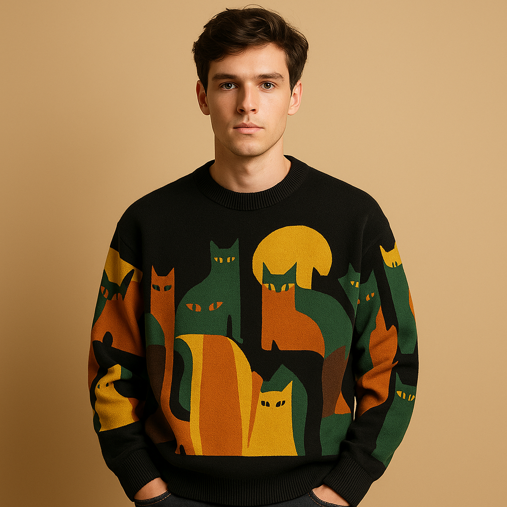 Men's Printed Knit Sweater with Oversized Fit for Cold Weekends - Black