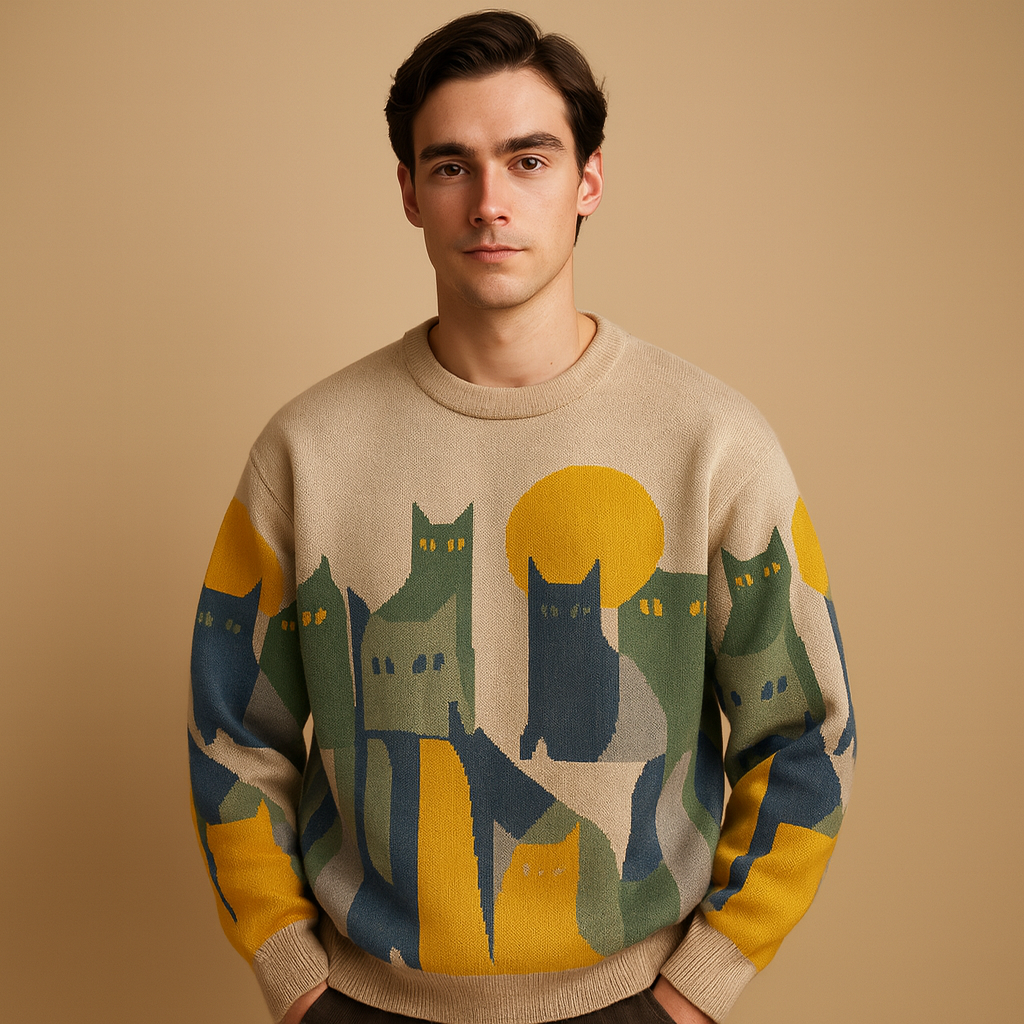Men's Printed Knit Sweater with Oversized Fit for Cold Weekends - Beige