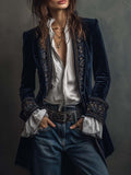 Women's Structured-Shoulder Longline Velvet Blazer with Embroidery - Navy