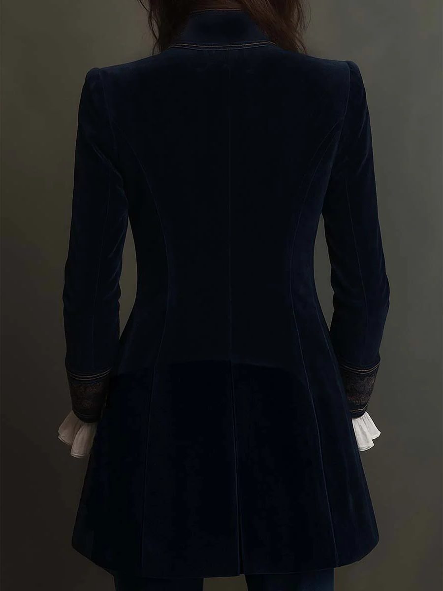 Women's Structured-Shoulder Longline Velvet Blazer with Embroidery