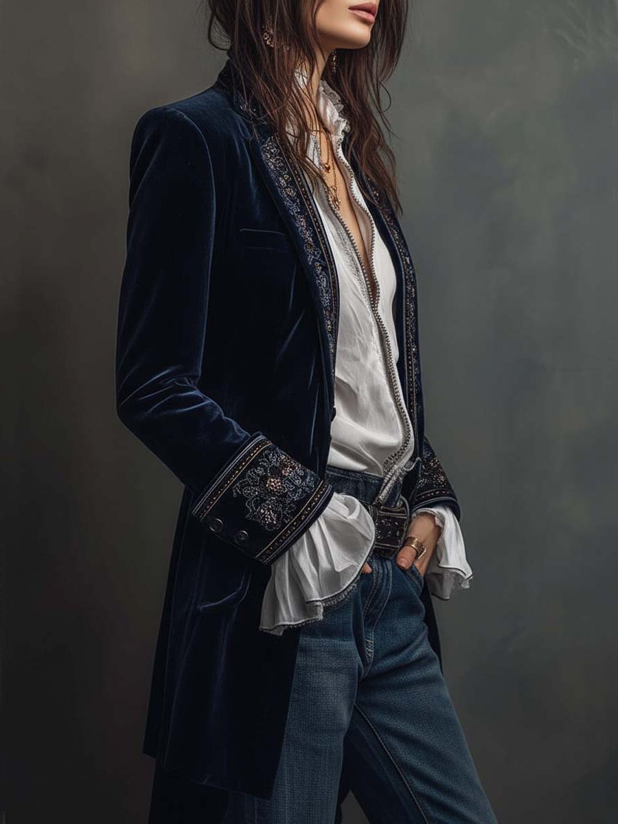 Women's Structured-Shoulder Longline Velvet Blazer with Embroidery