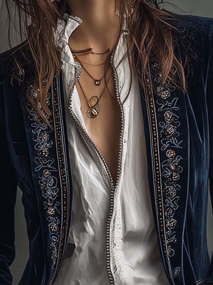 Women's Structured-Shoulder Longline Velvet Blazer with Embroidery