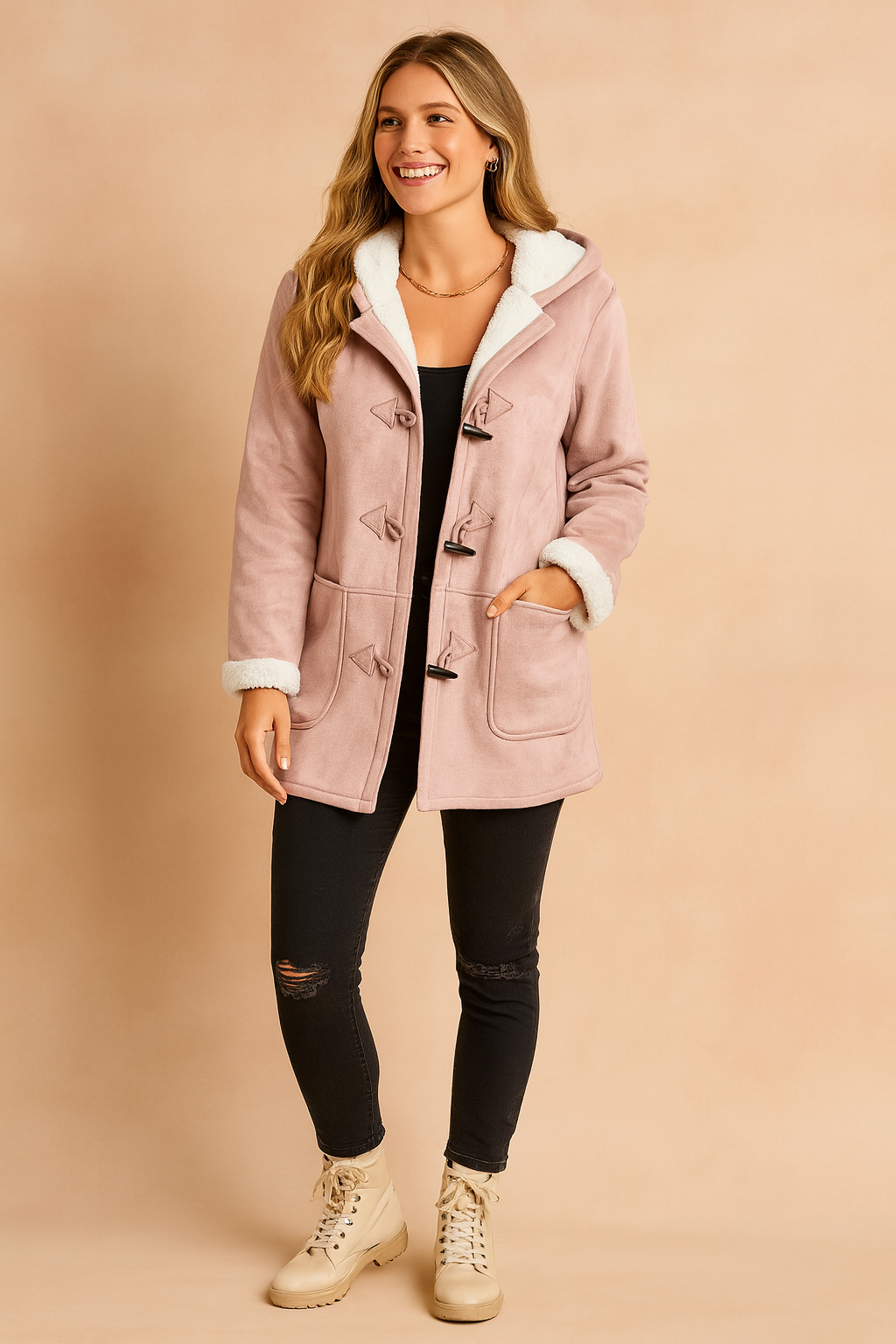 Women's Toggle-Button Duffle Jacket with Fleece Lining and Hood - Light Pink