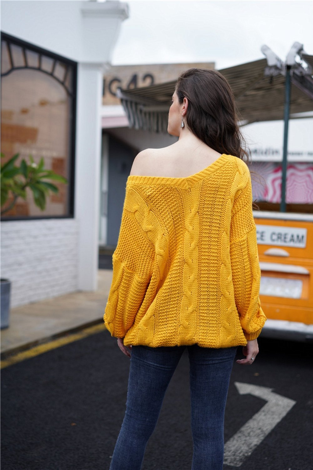 Women's Relaxed Cable-Knit Sweater with Off-Shoulder V-Neckline