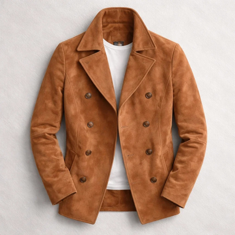 Men's Hip-Length Double-Breasted Jacket in a Matte Suede-Look Finish - Brown