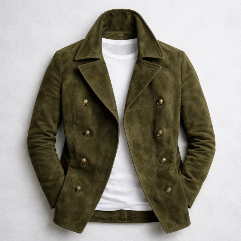 Men's Hip-Length Double-Breasted Jacket in a Matte Suede-Look Finish - Olive