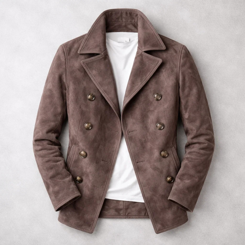 Men's Hip-Length Double-Breasted Jacket in a Matte Suede-Look Finish - Taupe