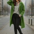 Women's Loose-Fit Long Wool Coat with Button Closure - Green