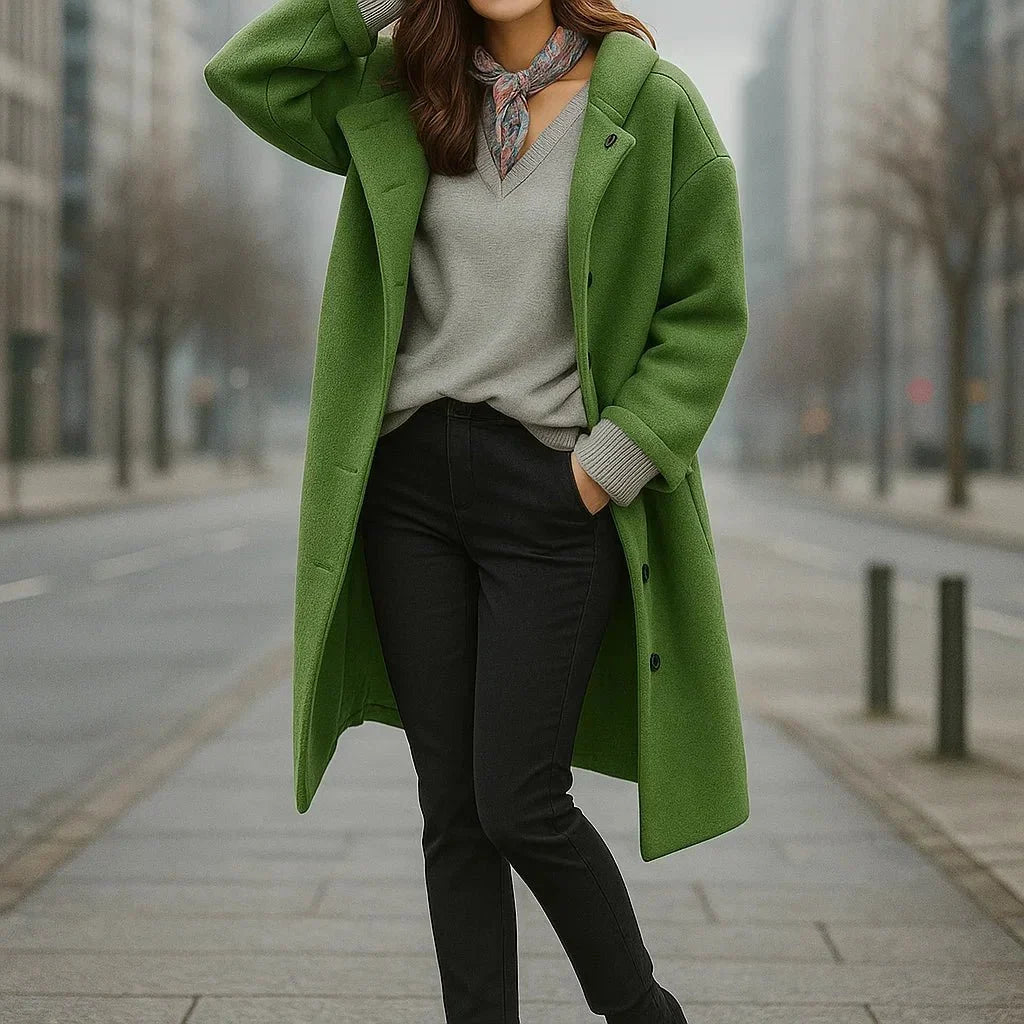 Women's Loose-Fit Long Wool Coat with Button Closure - Green