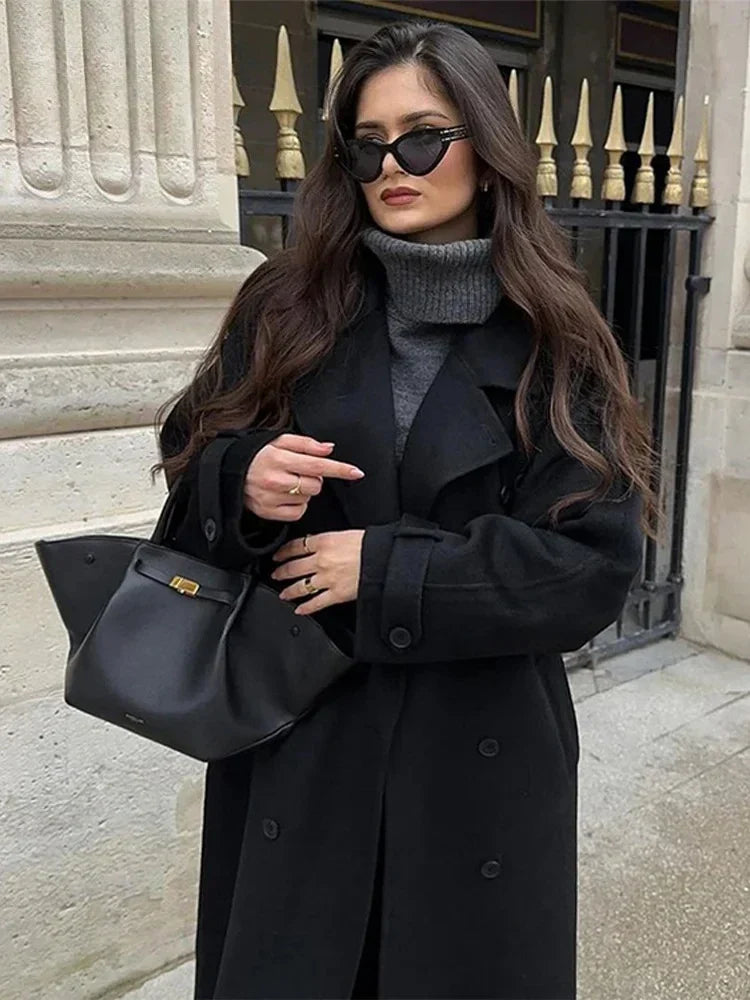 Women's Tie-Waist Wool-Look Coat with Wide Lapels and Tab Cuffs - Black