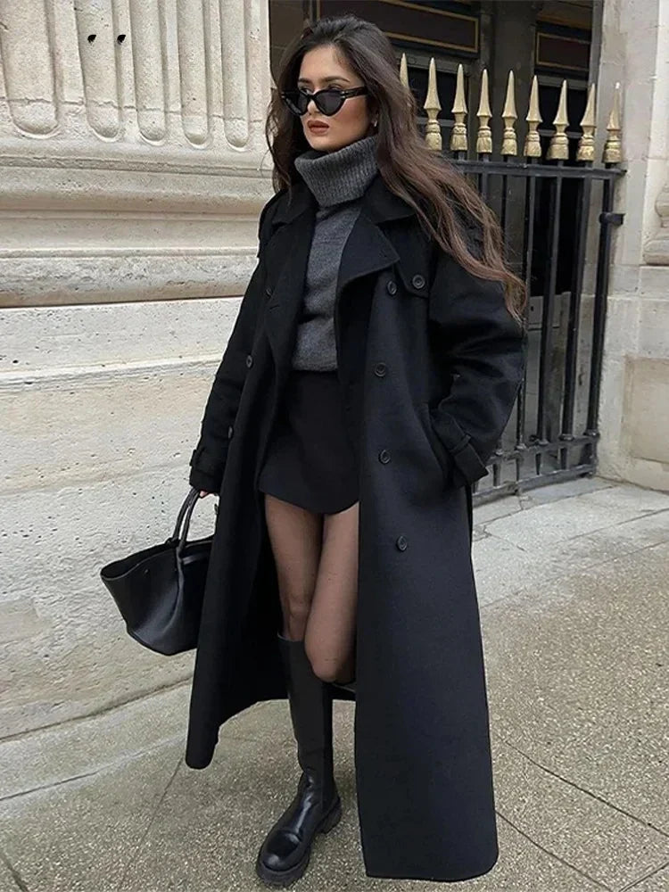 Women's Tie-Waist Wool-Look Coat with Wide Lapels and Tab Cuffs
