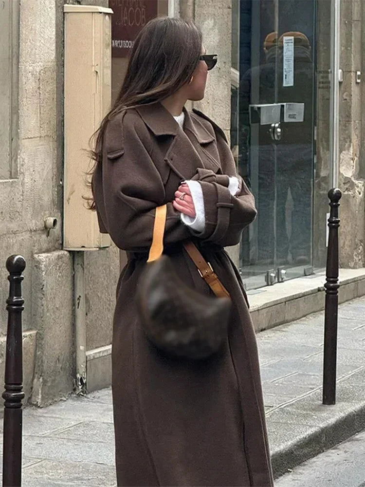 Women's Tie-Waist Wool-Look Coat with Wide Lapels and Tab Cuffs