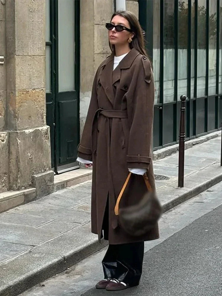 Women's Tie-Waist Wool-Look Coat with Wide Lapels and Tab Cuffs