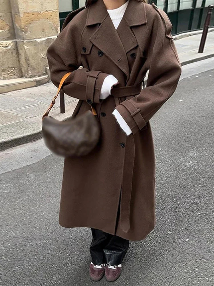 Women's Tie-Waist Wool-Look Coat with Wide Lapels and Tab Cuffs