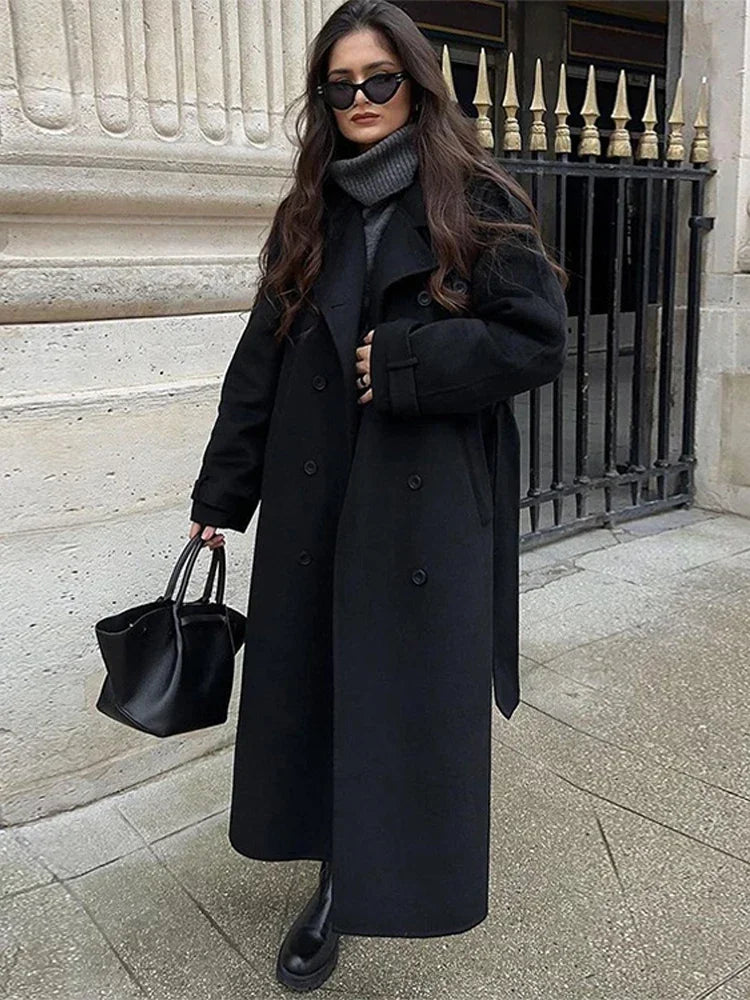 Women's Tie-Waist Wool-Look Coat with Wide Lapels and Tab Cuffs