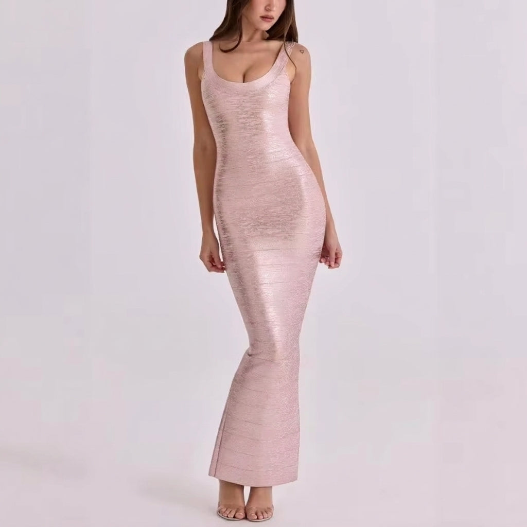 Women's Sculpting Bandage Bodycon Maxi Dress with Scoop Neck - Pink