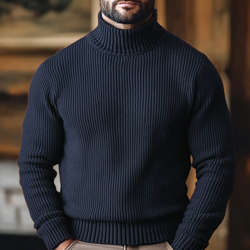 Men's Classic Rib-Knit Turtleneck Sweater with an Easy Fit - Navy Blue