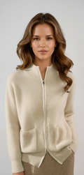 Women's Merino Wool Rib Cardigan with Zip Collar and Front Pockets - Beige